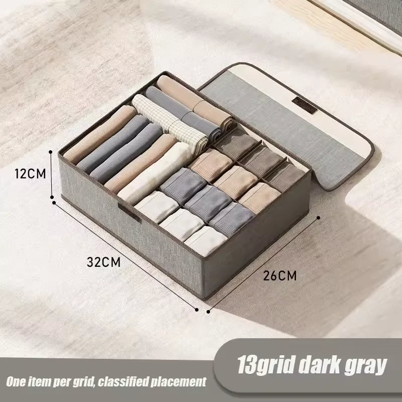 Underwear Storage Box Cotton And Linen Six-compartment Compartment With Lid Underwear Box With Compartments Drawer Style Qme Gray 13grid