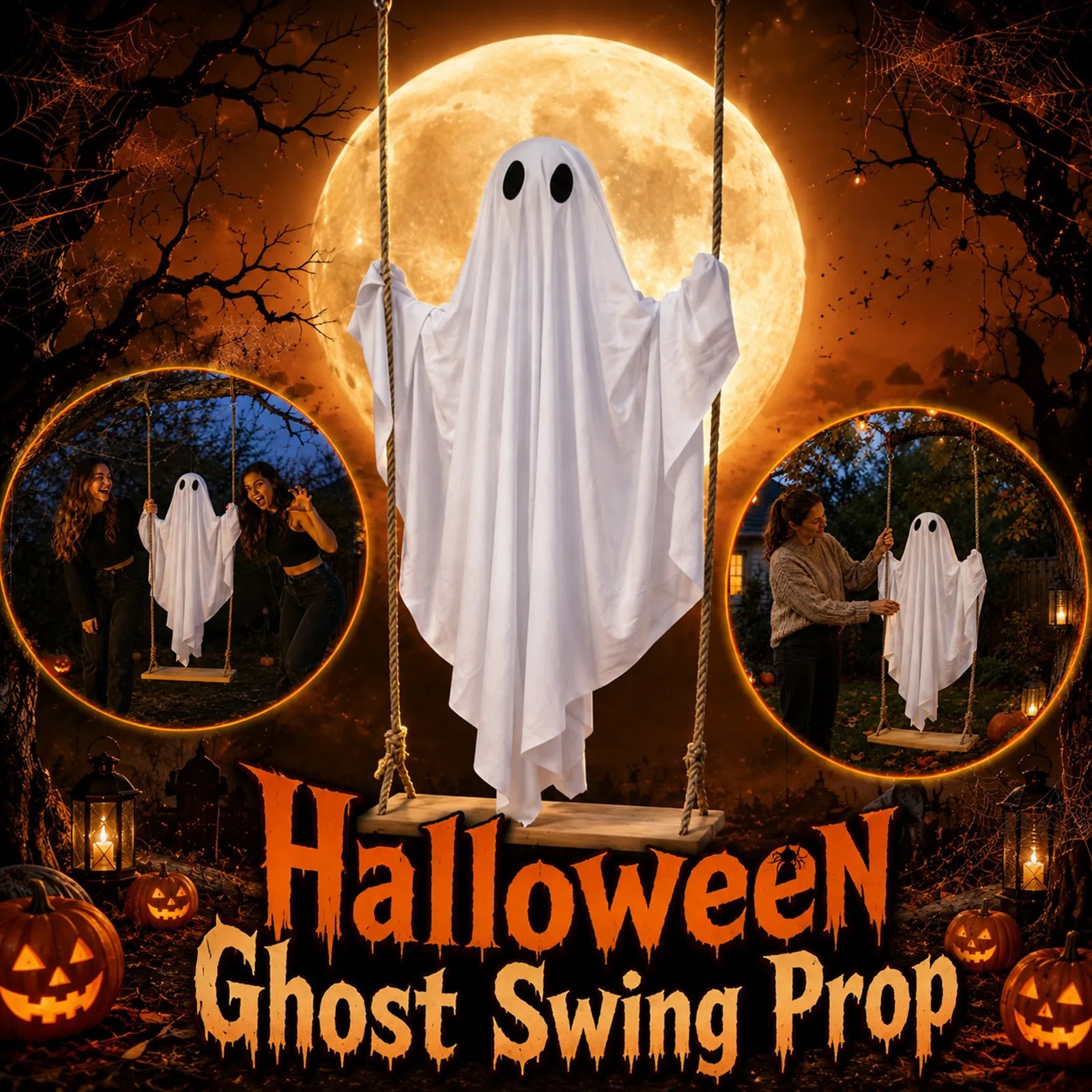 Halloween Swing Glowing Cute Ghost Ornament Garden Yard Bar Haunted House DIY Decorative Props Party Hanging Decor Qme