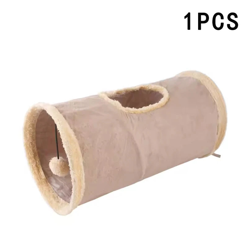 Pet Cat Plush Tunnel Foldable Suede Channel Toy for Self Entertainment and Relaxation Cat Toy Suitable for Cats to Play at Home Qme Khaki-1pcs