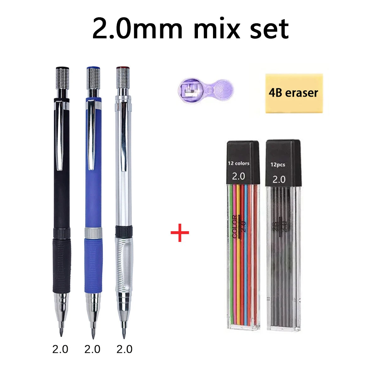 Mechanical Pencil Set With Refills Lead and Eraser,0.5/0.7/2.0mm Drafting,Sketch,Architecture Pencils,Back to School Supplie Qme 2.0mm mix set