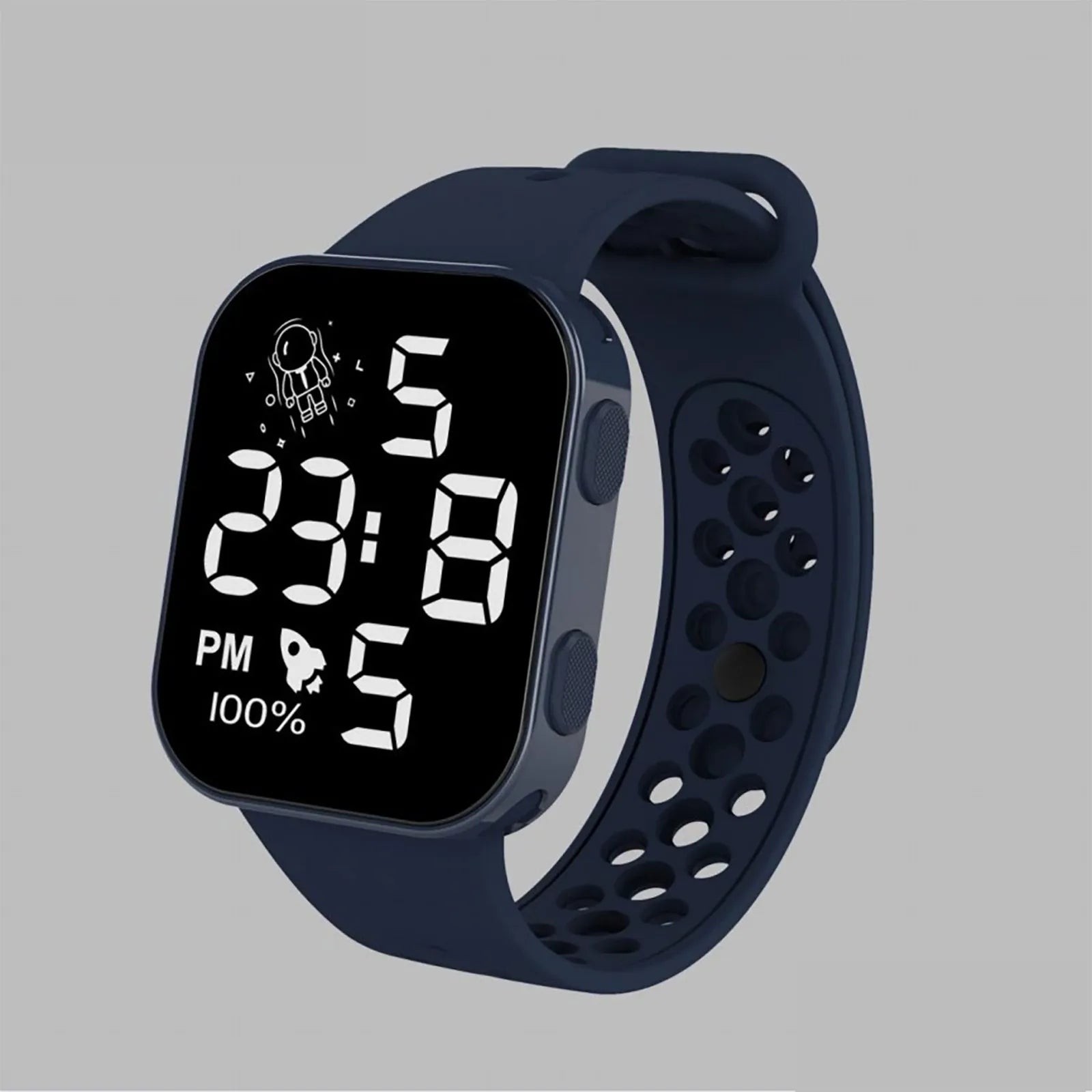 Children’s Solid Color Simple Fashion And Breathable Silicone Strap With Led Display Square Dial Calender Electronic Sport Watch Qme Blue