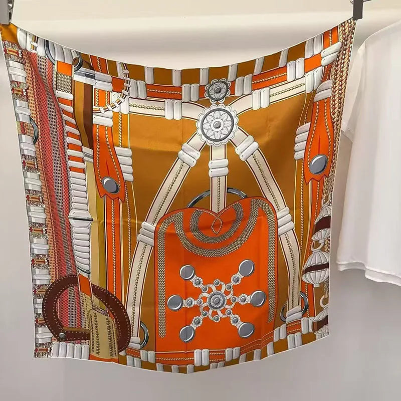 Silk Scarf Women Square Orange Luxury Big Floral Print Scarves Qme rg-1 One Size