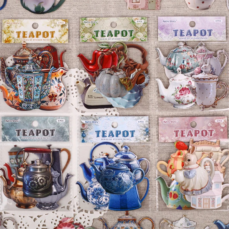Vintage European Teapot Sticker Pack, realistic tea set decorative stickers for decorating phone cases,bottles and journals Qme