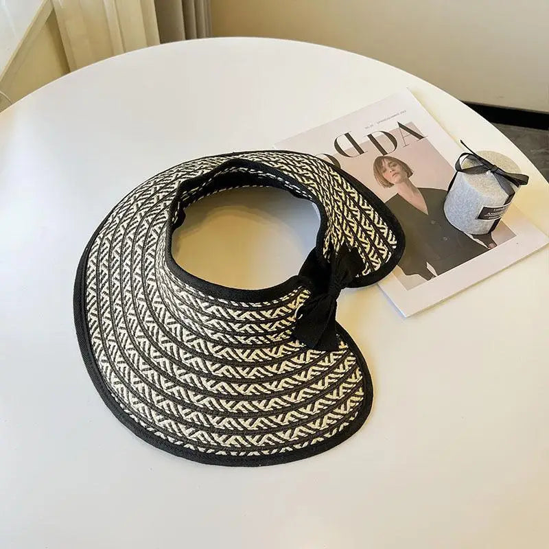 Straw Sun Visor Cap Women Large Brim Collapsible Summer Hat Qme Black