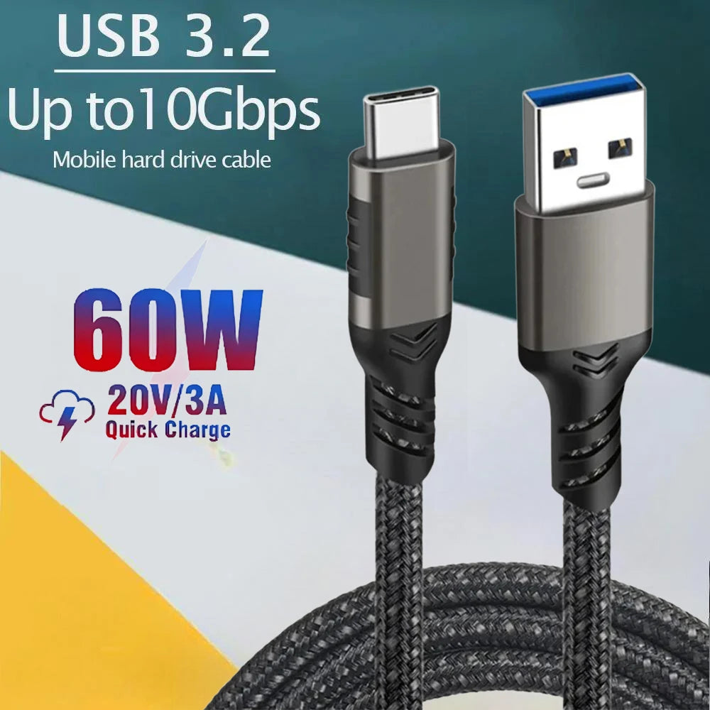 USB3.2 Gen1 Type-C Data Cable 60W 3A Fast Charging 10Gbps High Speed Transfer Braided Cord Aluminum Shell for Phone SSD 0.5m 1m Qme