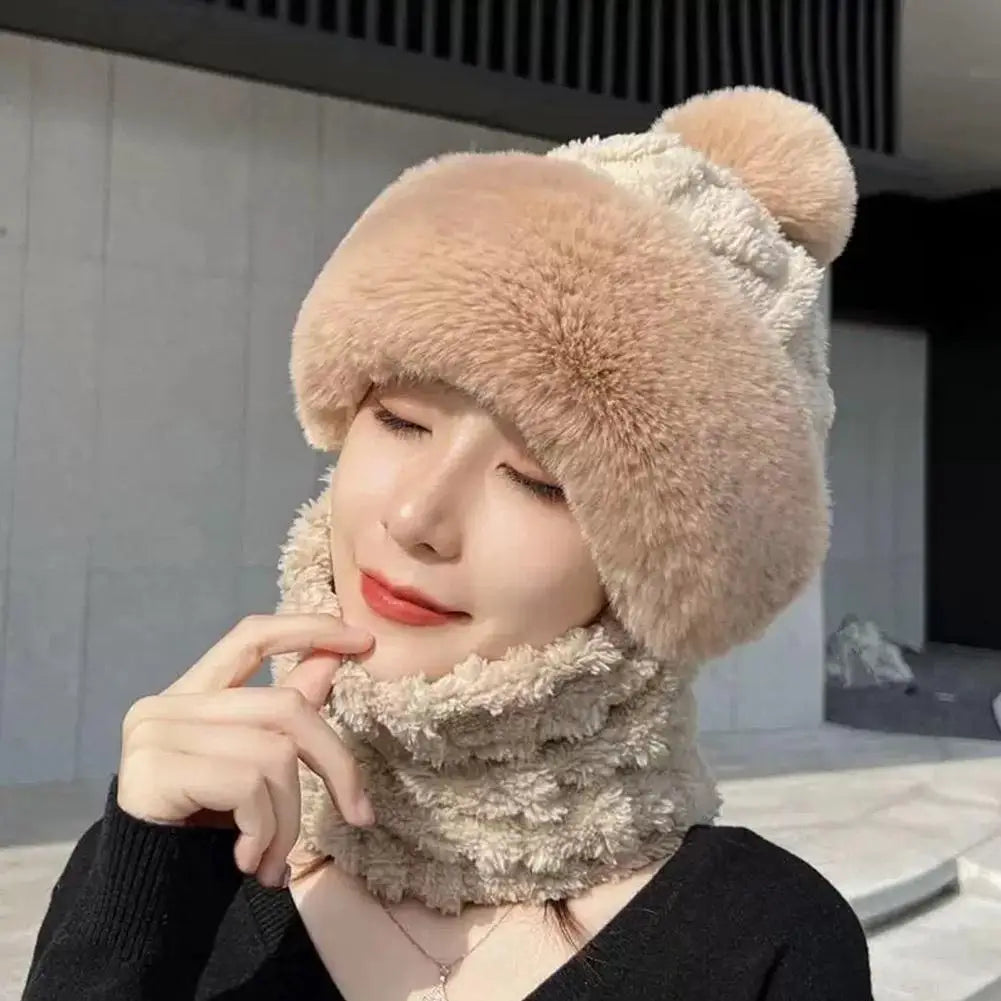 Women's Autumn Winter Thickened Scarf Mask Integrated Ear Protection Windproof Hat Parent-Child Children's Warm Head Cover Cap Qme