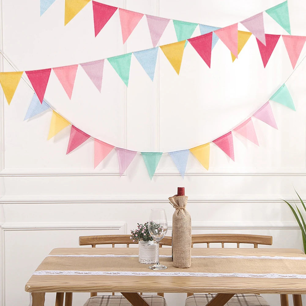 Vintage Colorful Burlap Linen Bunting Flags Pennant For Happy Birthday Party Wedding Decoration Candy Bar Qme 4M 3PCS