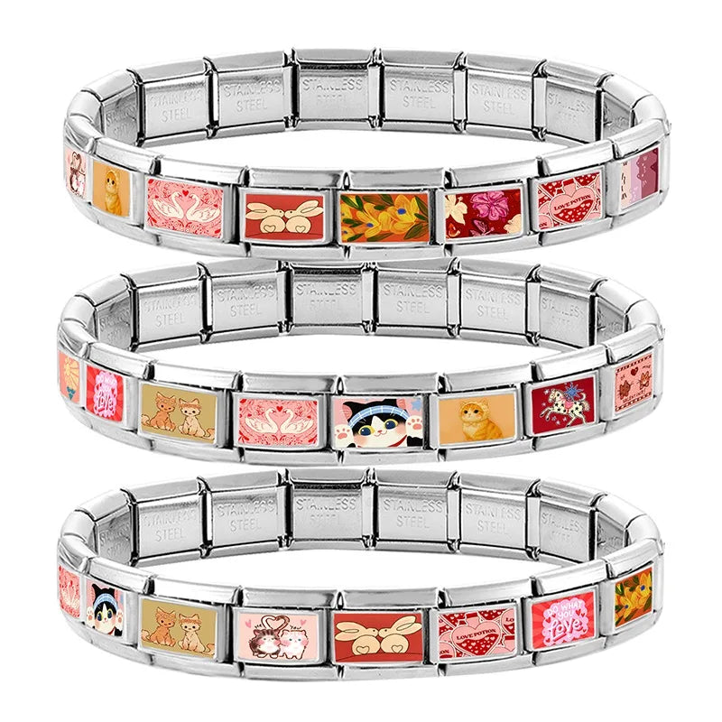 2026 Women's Kawai Big Eye Cat Raccoon Rabbits Hamster Italian Charm Link Fit 9mm Stainless Steel Module Bracelet Making Jewelry Qme