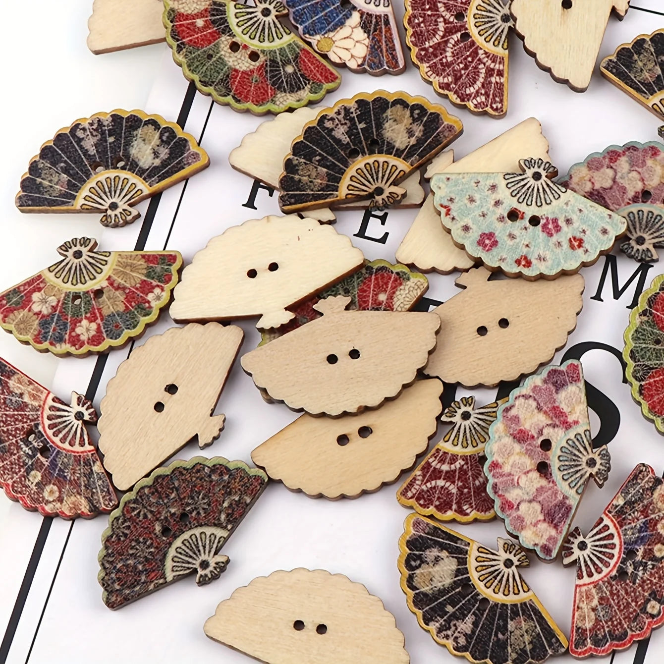 Vintage Fan-Shaped Wooden Buttons, Printed Wood Decorative Buttons For DIY Crafts Qme