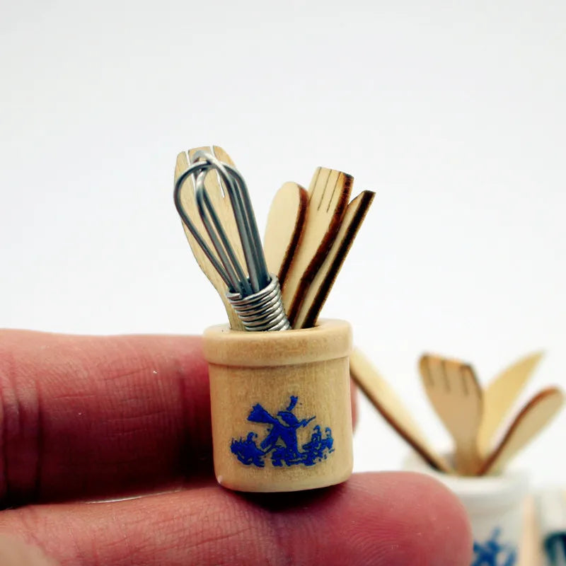 Miniature Dollhouse Kitchen Tools Wooden Spatula Knife Fork Egg Qme A
