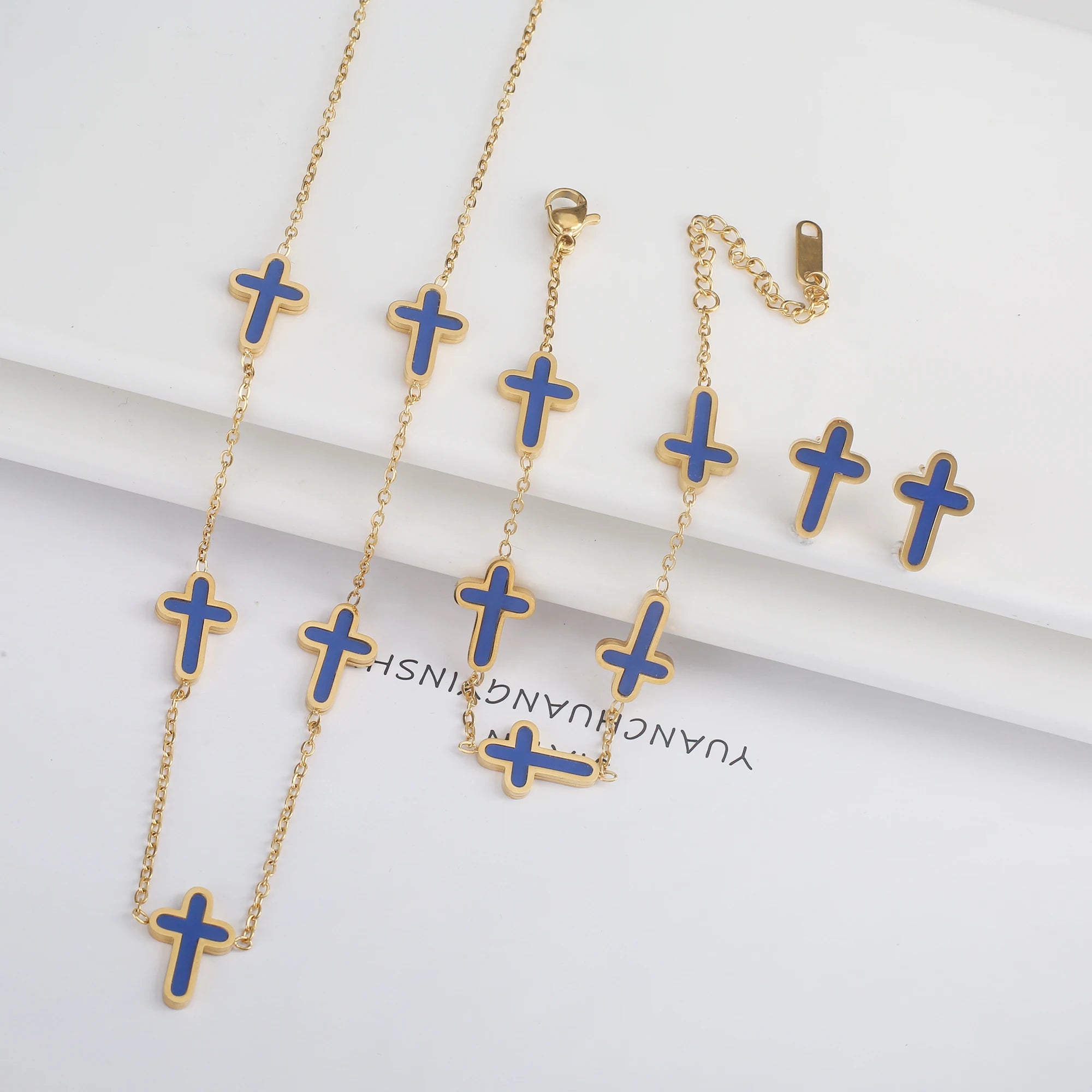INS Hot Sale Charms Stainless Steel Shell Cross Necklace Jewelry Set Bracelet Earrings Luxury for Party Daily Wear Jewelry Gift Qme Set 1