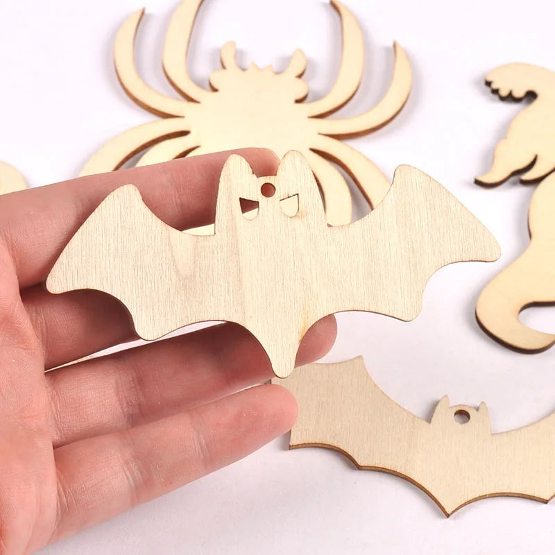 10Pcs 4.5-10cm Unfinished Halloween Decorations Bat/Spider/Ghost Wooden Crafts DIY Blank Hanging Ornaments Home Party Supplies Qme