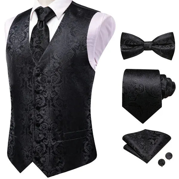 Men Black Grey Paisley Pattern V Collar Vest Full Wedding Party Qme HT-MJTZ0130 S