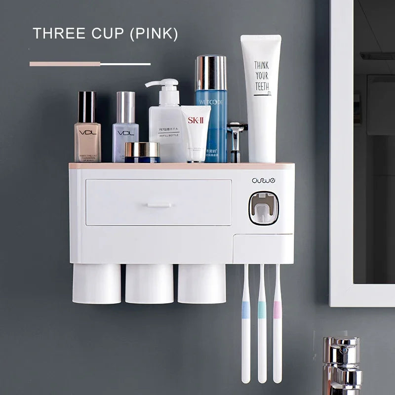 Magnetic Adsorption Inverted Toothbrush Holder Automatic Toothpaste Dispenser With Cup Toothpaste Bathroom Accessories Set Qme CF048-2