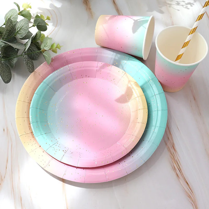Rainbow Tableware Set for Birthday Party Decorations Rainbow Tableware Paper Plates Cups Napkins Tablecloth Dinner Disposable Qme