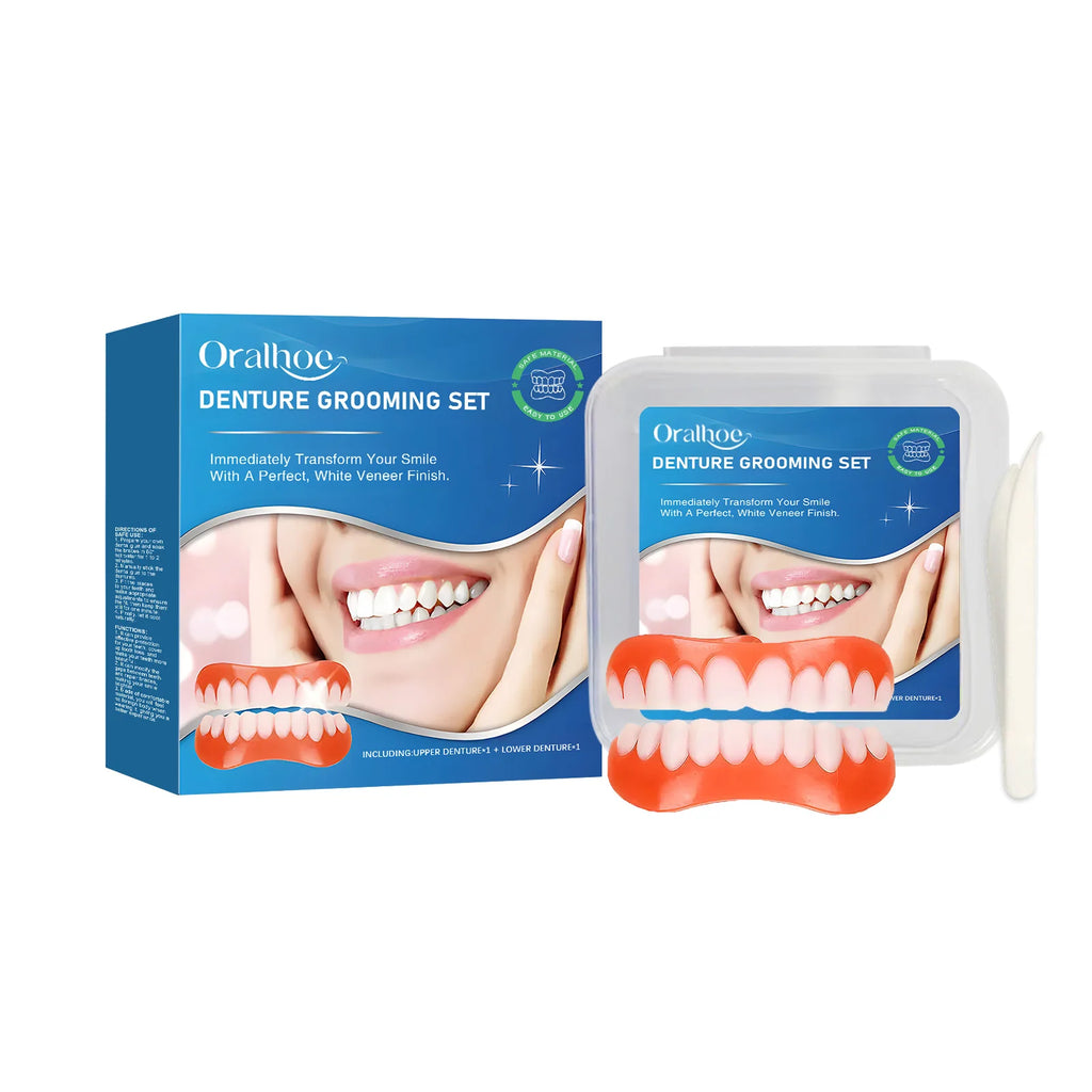 Silicone Dentures Full Set Over Gums Improve Tooth Loss Narrow Gap Perfect Smile False Teeth Kit Upper and Lower Dental Veneers Qme 1Set Boxed