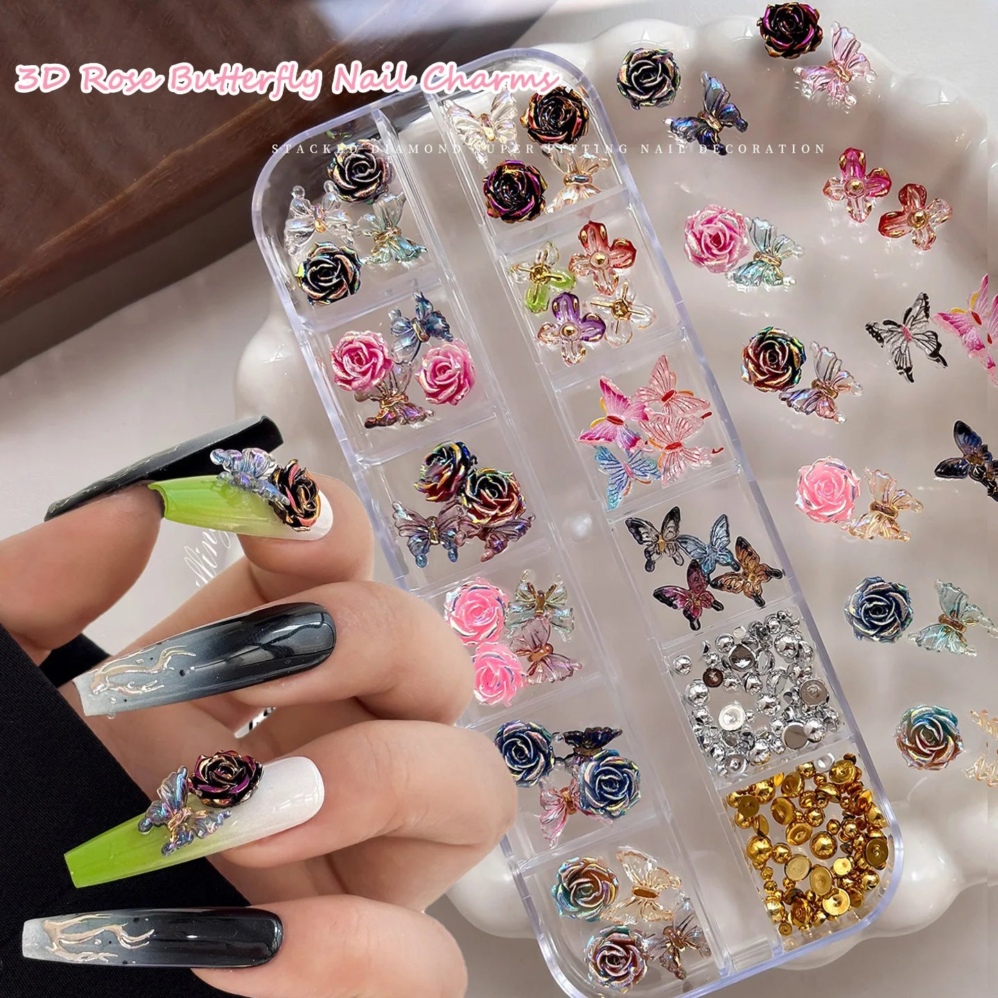 3D Rose Butterfly Nail Charms, Resin Gradient Rose Camellia Flower Insect Flat Back Nail Art Decorations for DIY Press on Nails Qme
