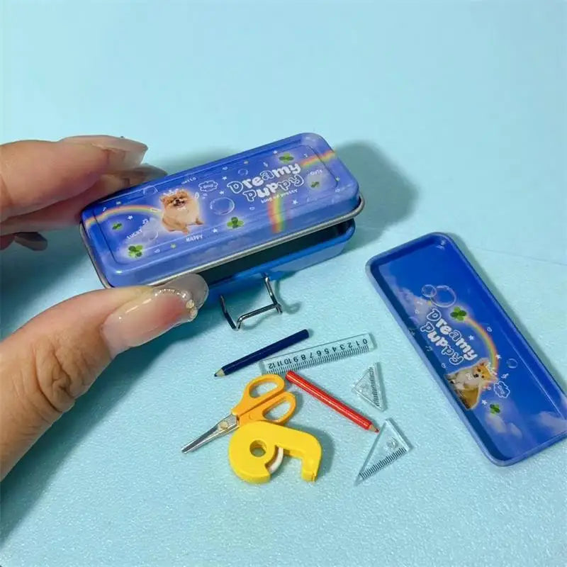 Dollhouse Miniature Double Layer Iron Pencil Box Pen Ruler Measuring Qme A3