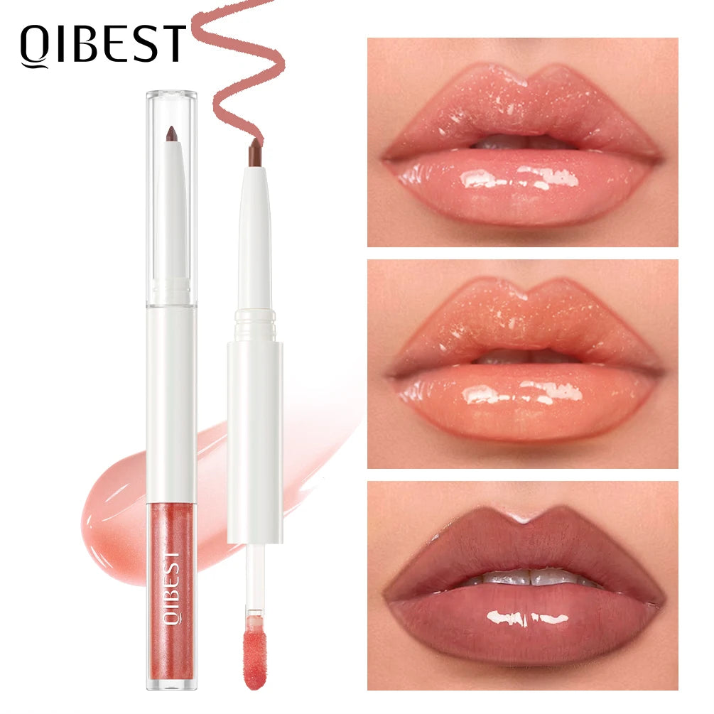 QIBEST Velvet Brown 2 In 1 Lip Liner Pencil Lipgloss Moisturizing Cherry Red Lip Liner Lip Contour Pen Makeup Women Lip Glaze Qme