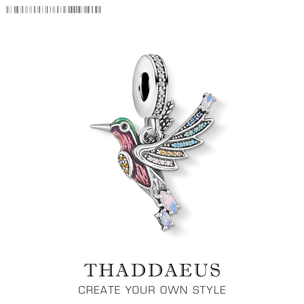Colourful Hummingbird 925 Sterling Silver Dangle Charm Pendant Women Summer Fine Jewelry Qme Ring
