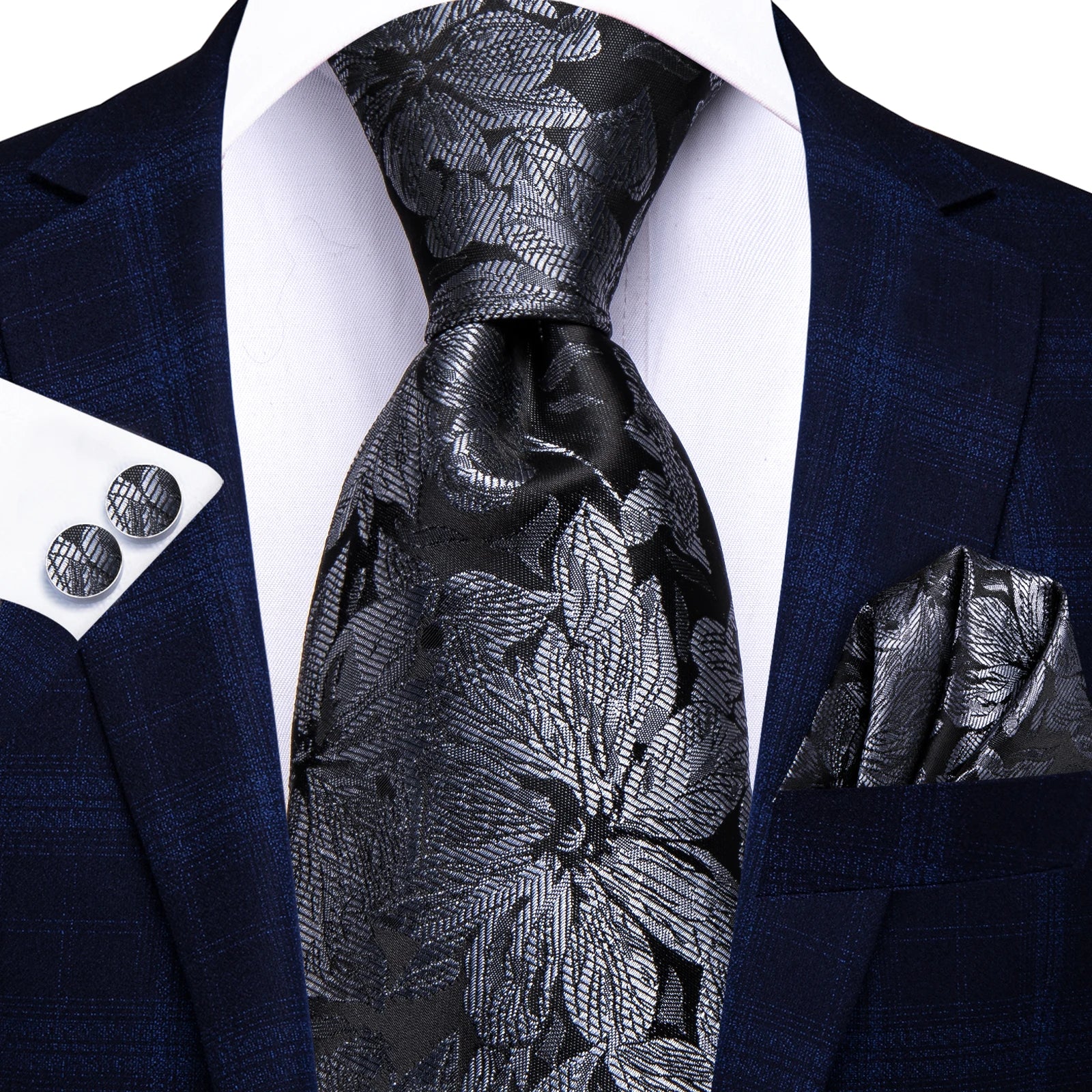 Hi-tie Fashion Black Grey Floral Mens Elegant Tie Handkerchief Qme N-3961