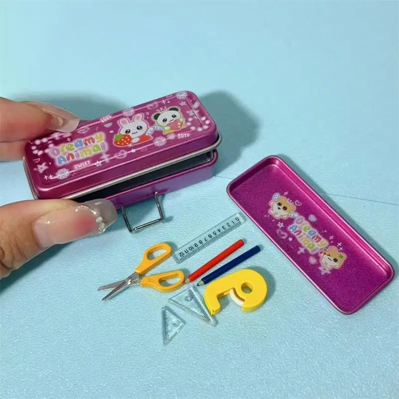 Dollhouse Miniature Double Layer Iron Pencil Box Pen Ruler Measuring Qme A1