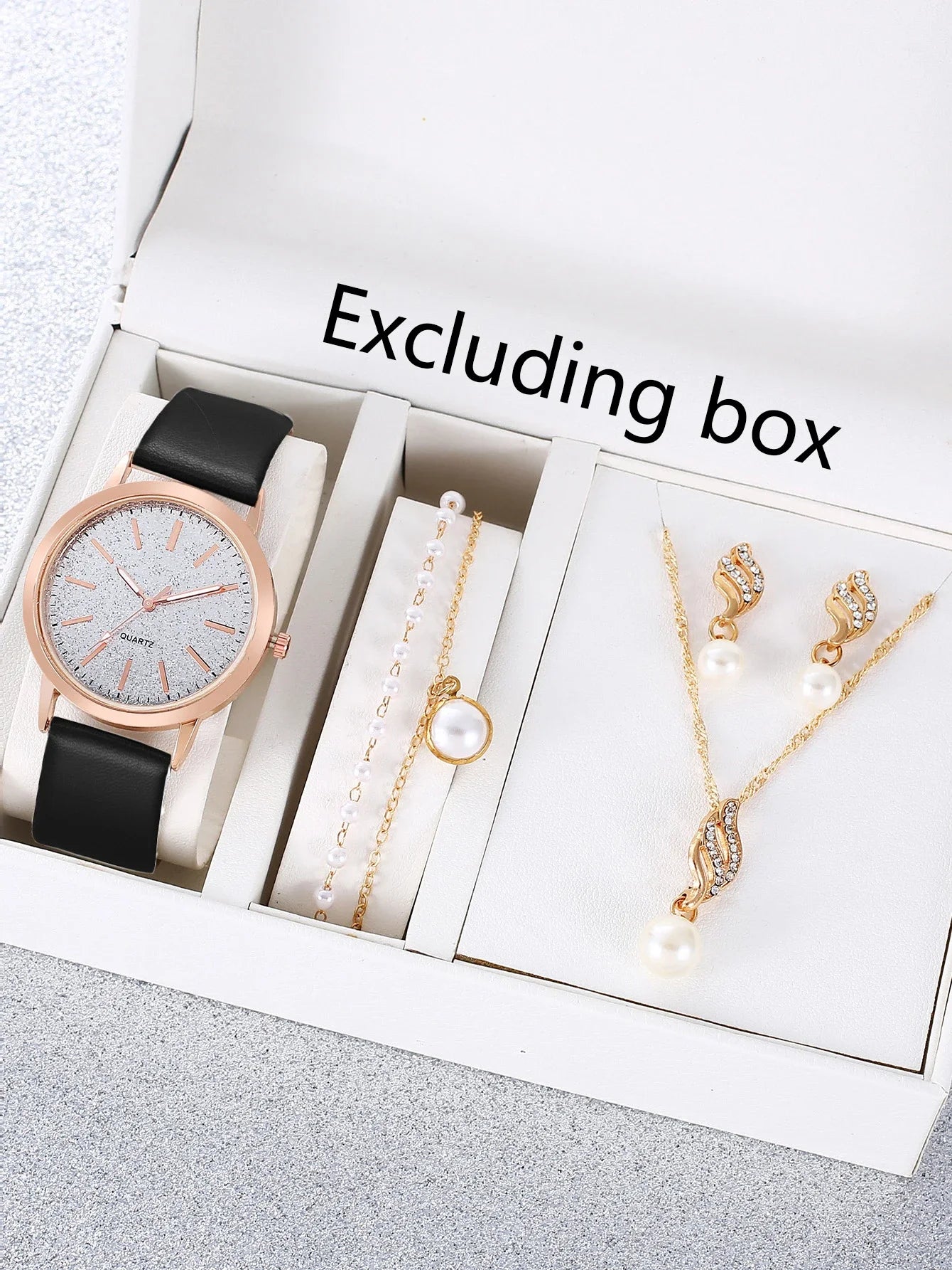 5Pcs Women Watch Jewelry Set, Glitter Dial Black Leather Quartz Watch + Pearl Inlaid Necklace Earrings Bracelet Gift Kit Qme