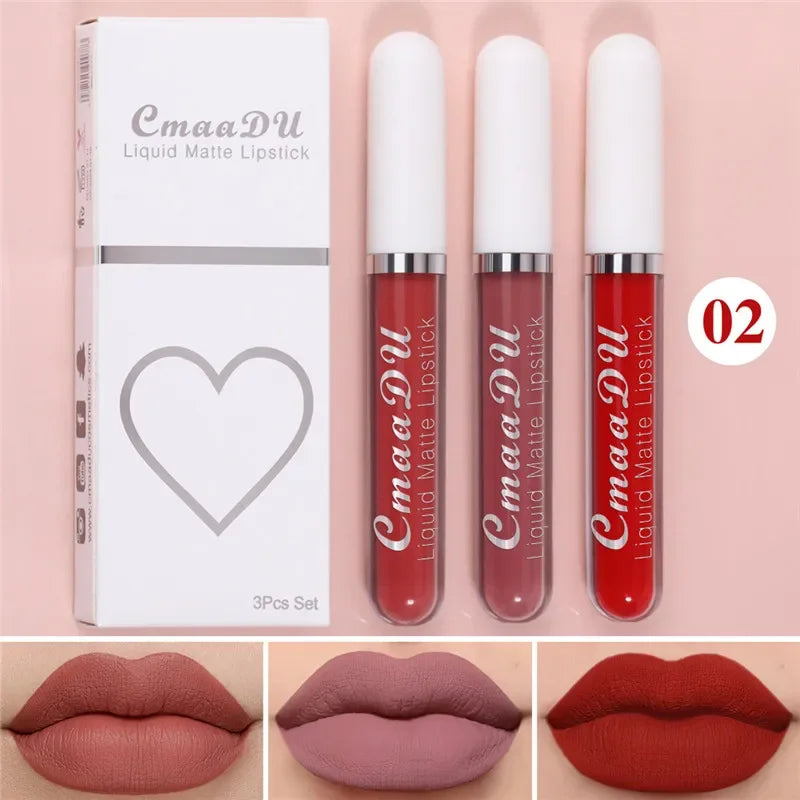 6 Colors/Set Fashion Matte Lip Gloss Sets Natural Moisturize Waterproof Lasting Velvet Sexy Red Liquid Lipstick Beauty Cosmetic Qme 02-3Pcs