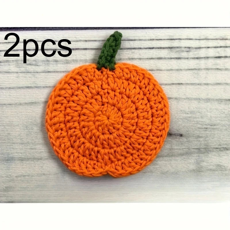 Crochet Pumpkin Coasters,Funny Handmade Knitted Coaster, Cute Pumpkin Shaped Mug Cup Mat Table Desk Decoration Housewarming Gift Qme 2pcs