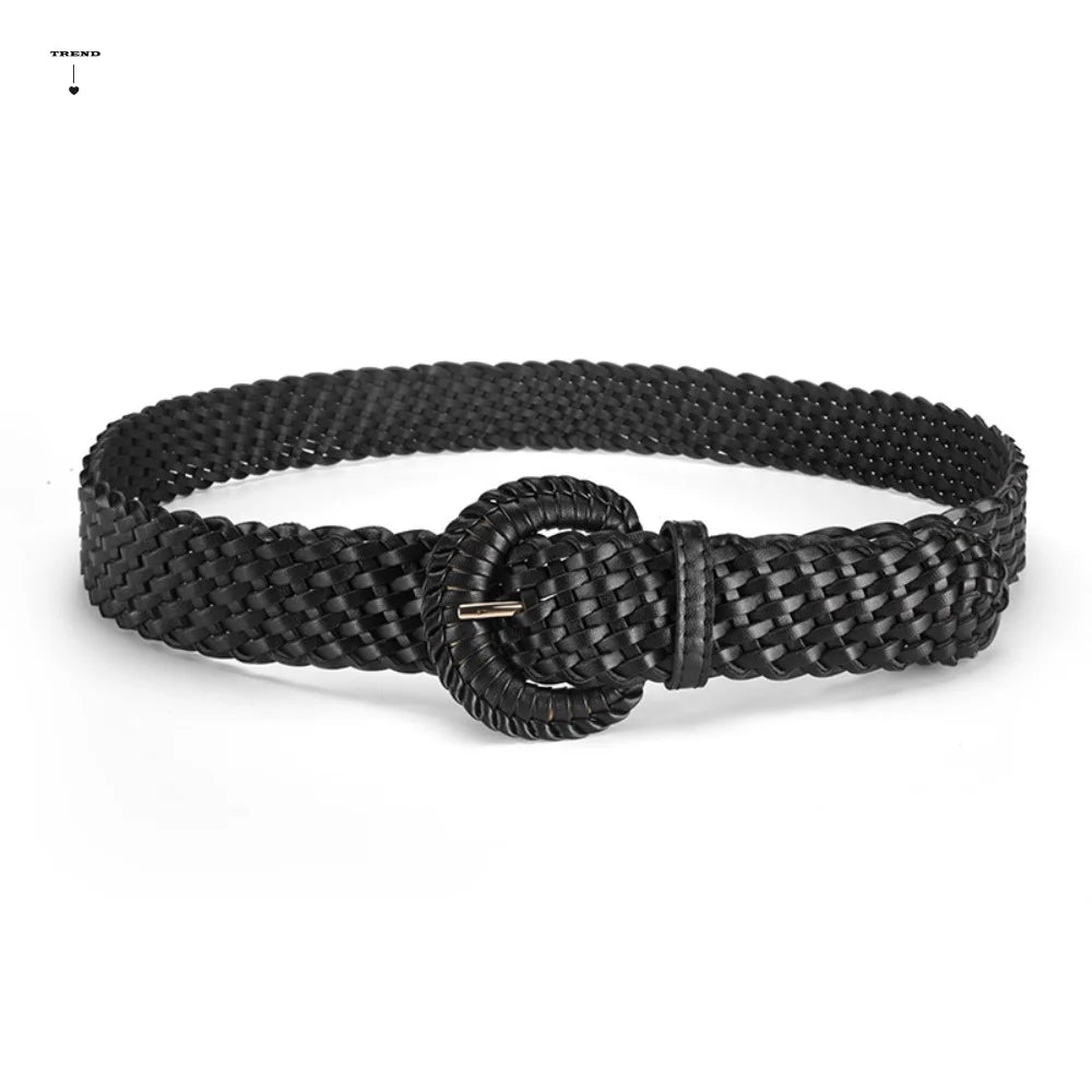 Personality Woven Weave Belt Hollow Out Round Retro Belt Wide PU Leather Bohemian Style Waistband Women Qme