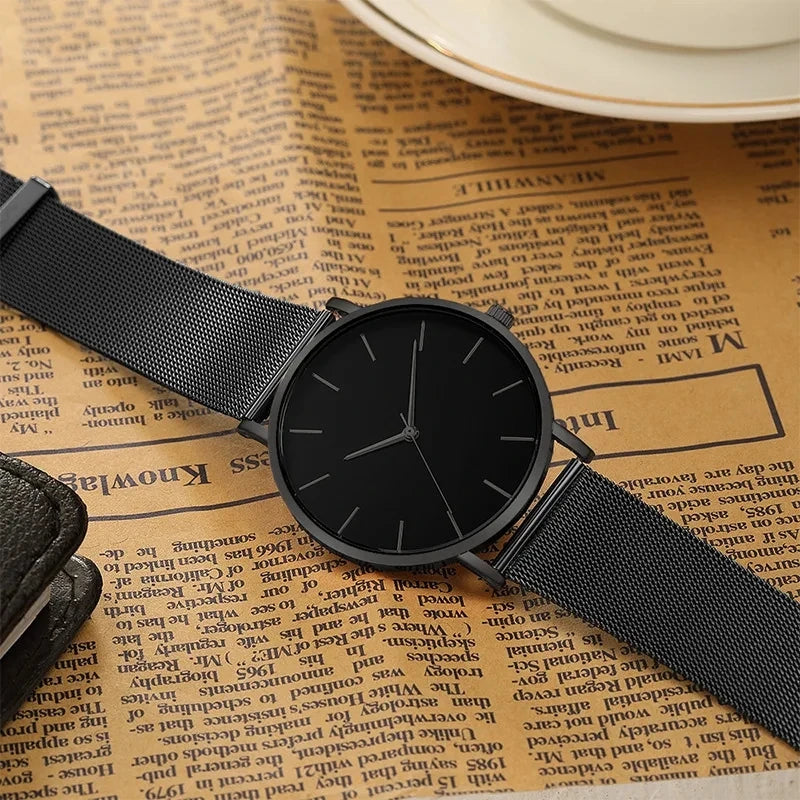 Fashion Ultra Thin Creative Black Stainless Steel Quartz Watches Men Simple Fashion Business Watch-Bracelet Male Watch Qme