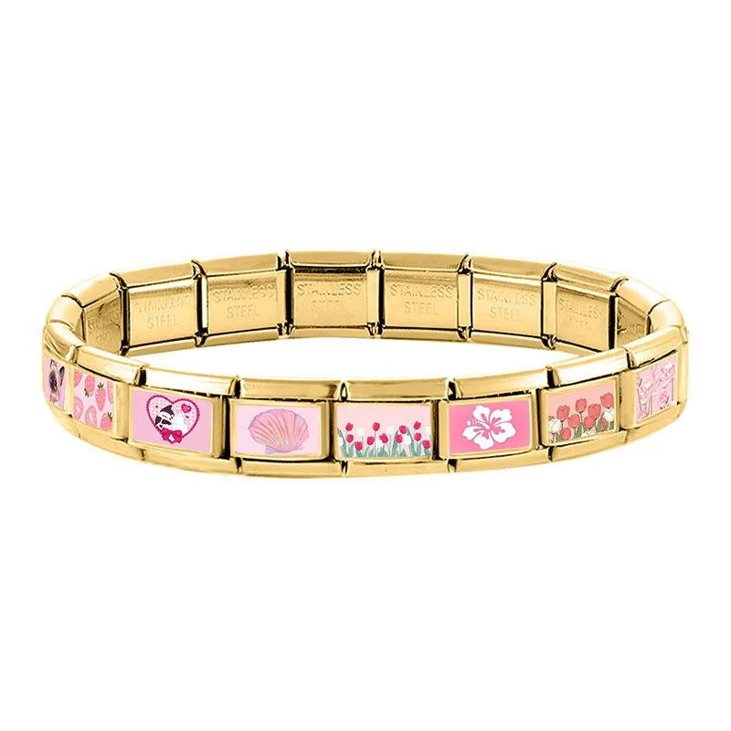 Y2K Pink Series Super Cute Cats Rabbits Tulip Lotus Cherry Golden Italian Charm Link Fit 9MM Stainless Steel Bracelet DIY Making Qme