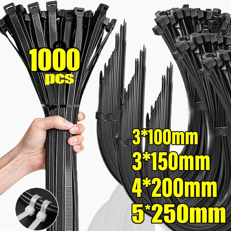 1000/100PCS Wholesale Nylon Cable Clamp Self-locking Cable Ties Adjustable Wire Zip Tie Home Office Plastic Fastening Loop Strap Qme