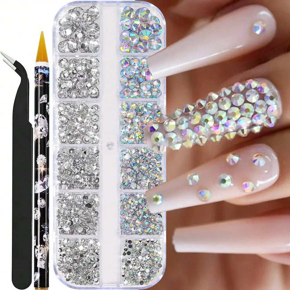Multi-size AB Crystal Nail Rhinestones Flat Bottom Clear Diamond Gems Qme 2