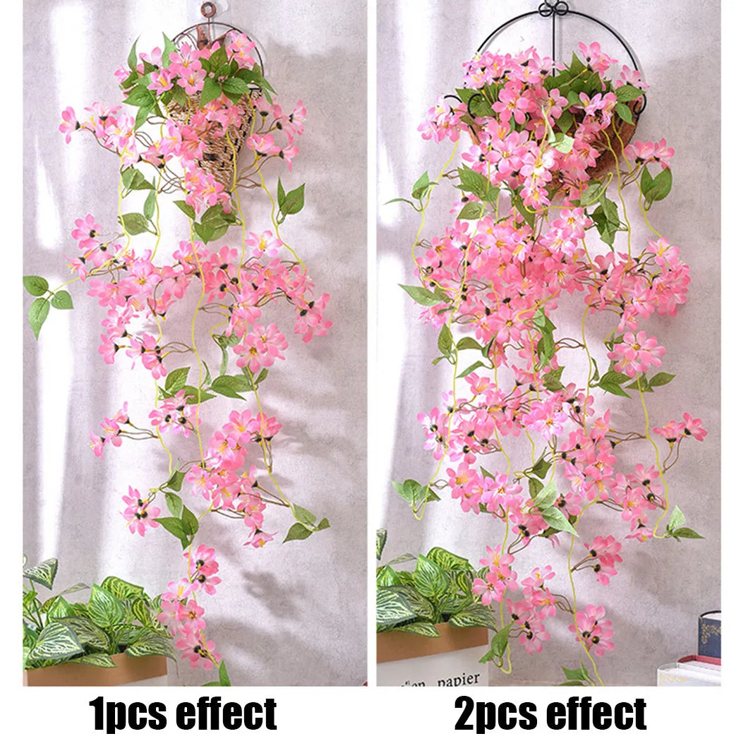 1PCS Hanging Artificial Fake Hanging Silk Flowers Vines Plants Garden Decor Indoor Outdoor Wedding Party Wall Balcony Decor Qme winter jasmine Pink