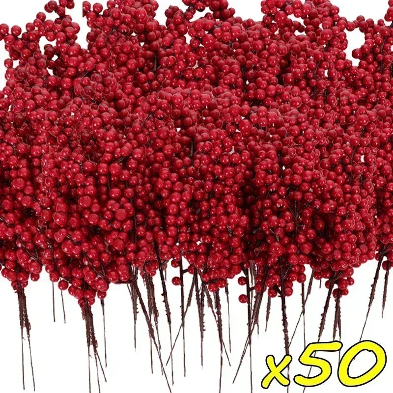 Christmas Artificial Berries Decoration Red Berry Branches for Xmas Tree Party Home Table Ornaments Red Fruit Wreath DIY Gift Qme 50 Branches 20.5x7x3cm