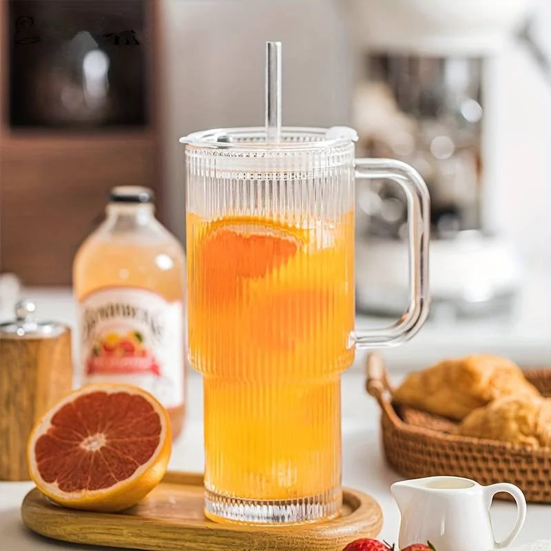 600ML Stripe Glass Coffee Cup With Handle And Lid Cover Straw Transparent Drinking Glasses For Juice Iced Coffee Mugs Drinkware Qme