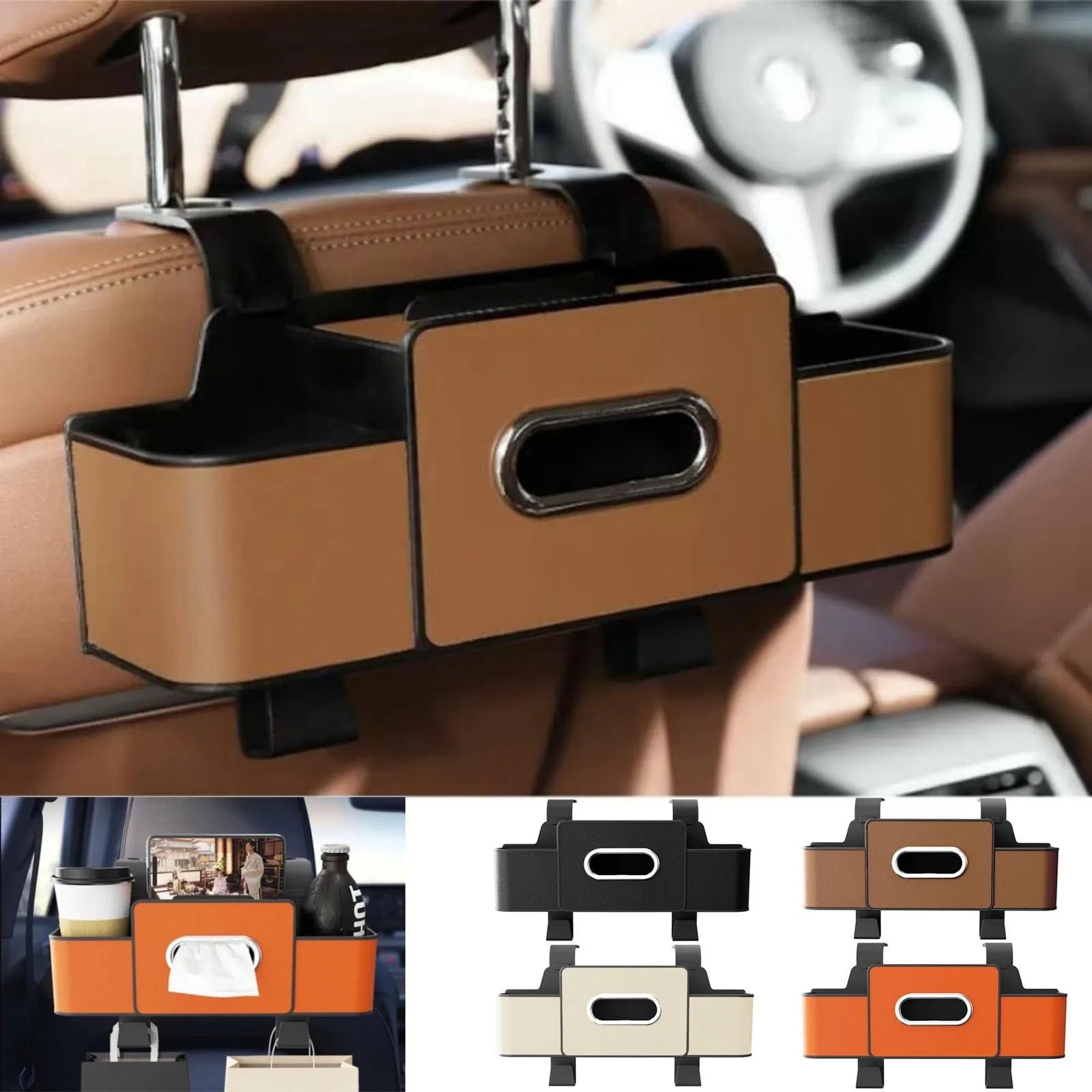 Car Storage Organizer Multifunctional Car Seat Back Storage Box with 2 Cup Holders, Tissue Box and Hook Suitable for Most Car Qme Brown