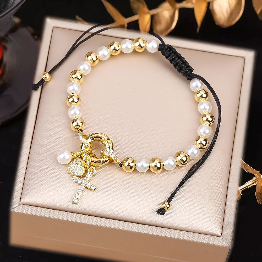 New Design Pearl Copper Braided Virgin Mary Zirconia Black Rope Bracelet Fashion For Woman Daily Party Jewelry Religious Gift Qme N