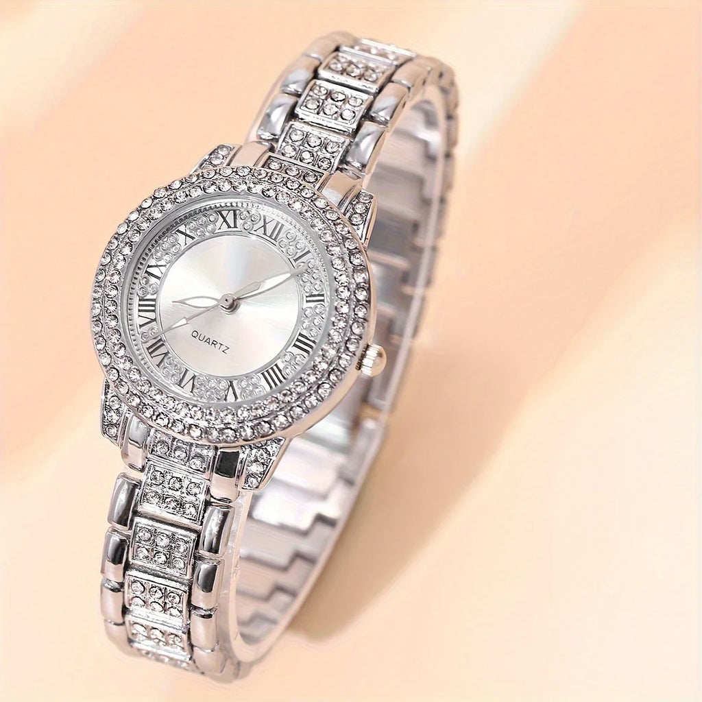 Women Watches Golden Tone Alloy Quartz Watch Stylish Rhinestone Bling Dress Watch Wristwatches, For Xmas Qme