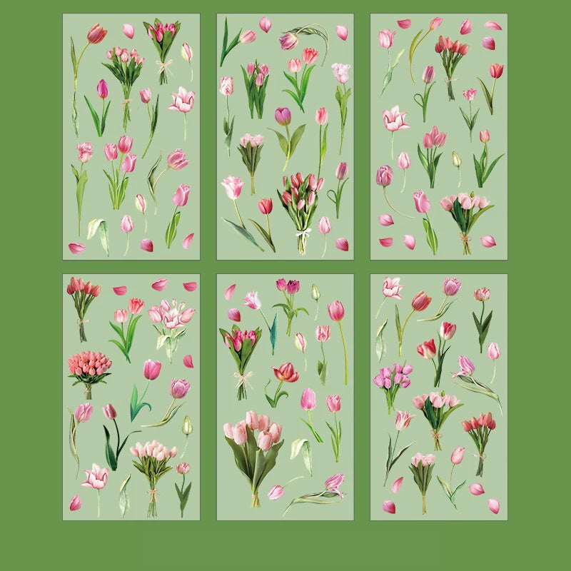 6 Pcs Journal Stickers, Plant and Flower Stickers,PET Waterproof Transparent Floral Patterns,DIY Photo Album Decoration Stickers Qme Tulip