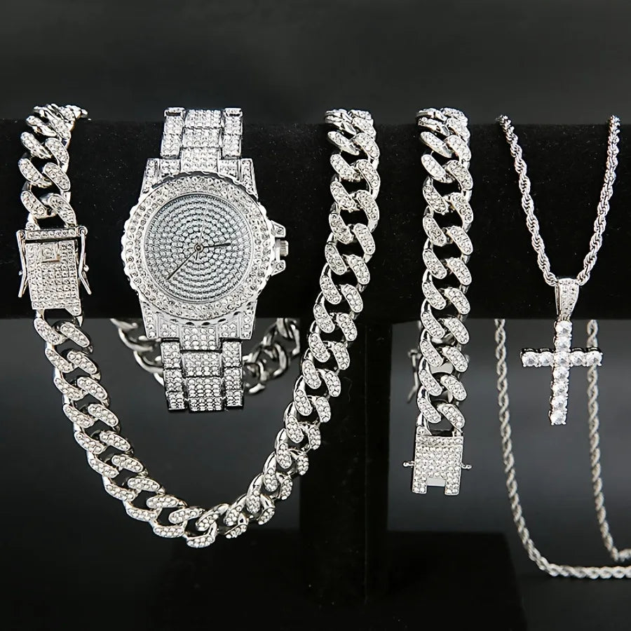 4-piece set, men's watch set, men's Cuban necklace bracelet set, men's cross necklace set Qme Silver