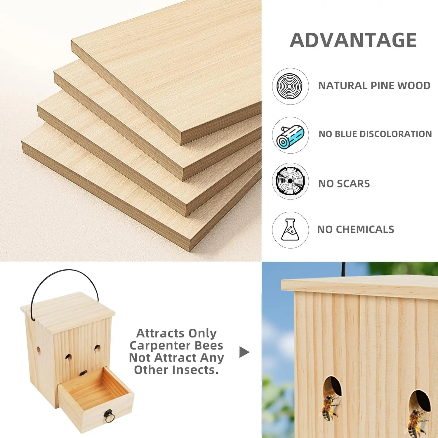 Wooden Carpenter Bee Trap for Outside Nature Hanging Wood Carpenter Bee Traps Outdoor Bee Trap Insect Traps Outdoor Garden Qme