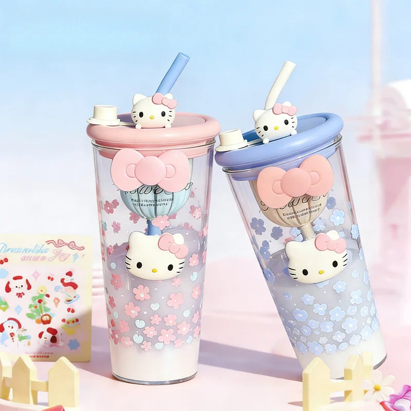 Hello Kitty-Style Cherry Blossom Glass Cup—Stylish for Women, Heat-Resistant Tea Cup, Large-Capacity Office Cup with Straw Qme