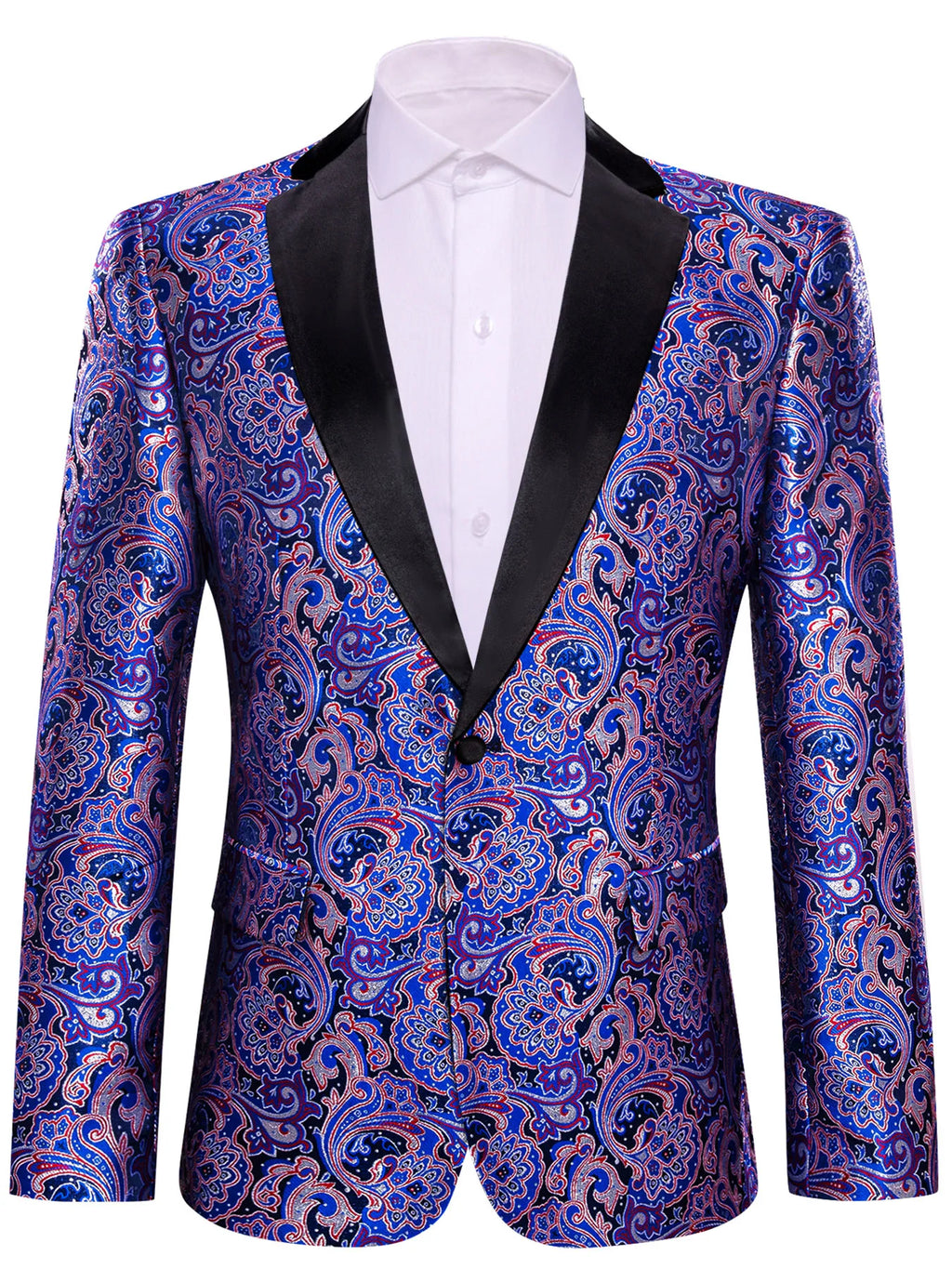 Men's Blue Red Paisley Jacquard Shawl Lapel Tuxedo Blazer Single Qme XX-0017 S