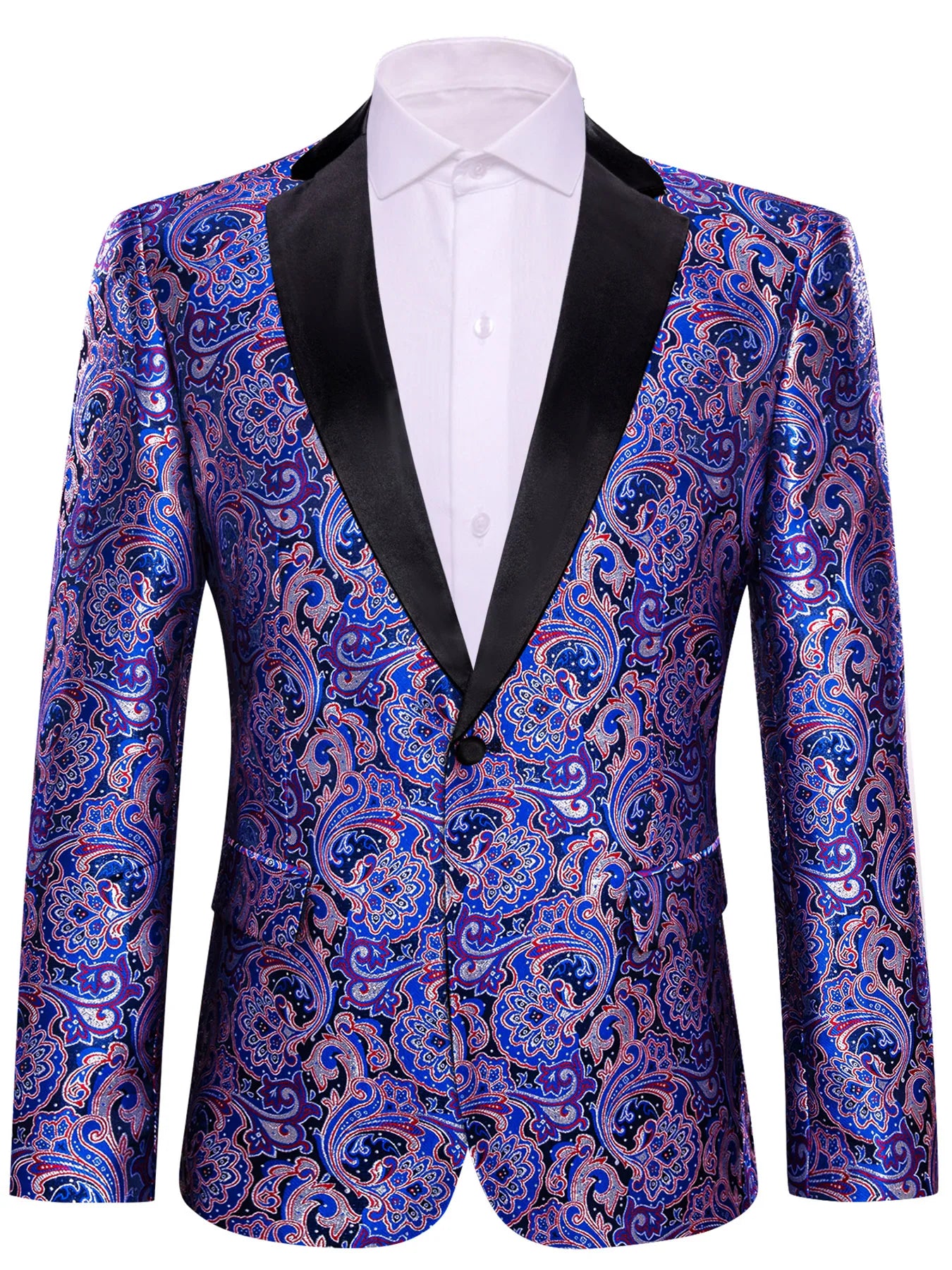 Men's Blue Red Paisley Jacquard Shawl Lapel Tuxedo Blazer Single Qme XX-0017 S