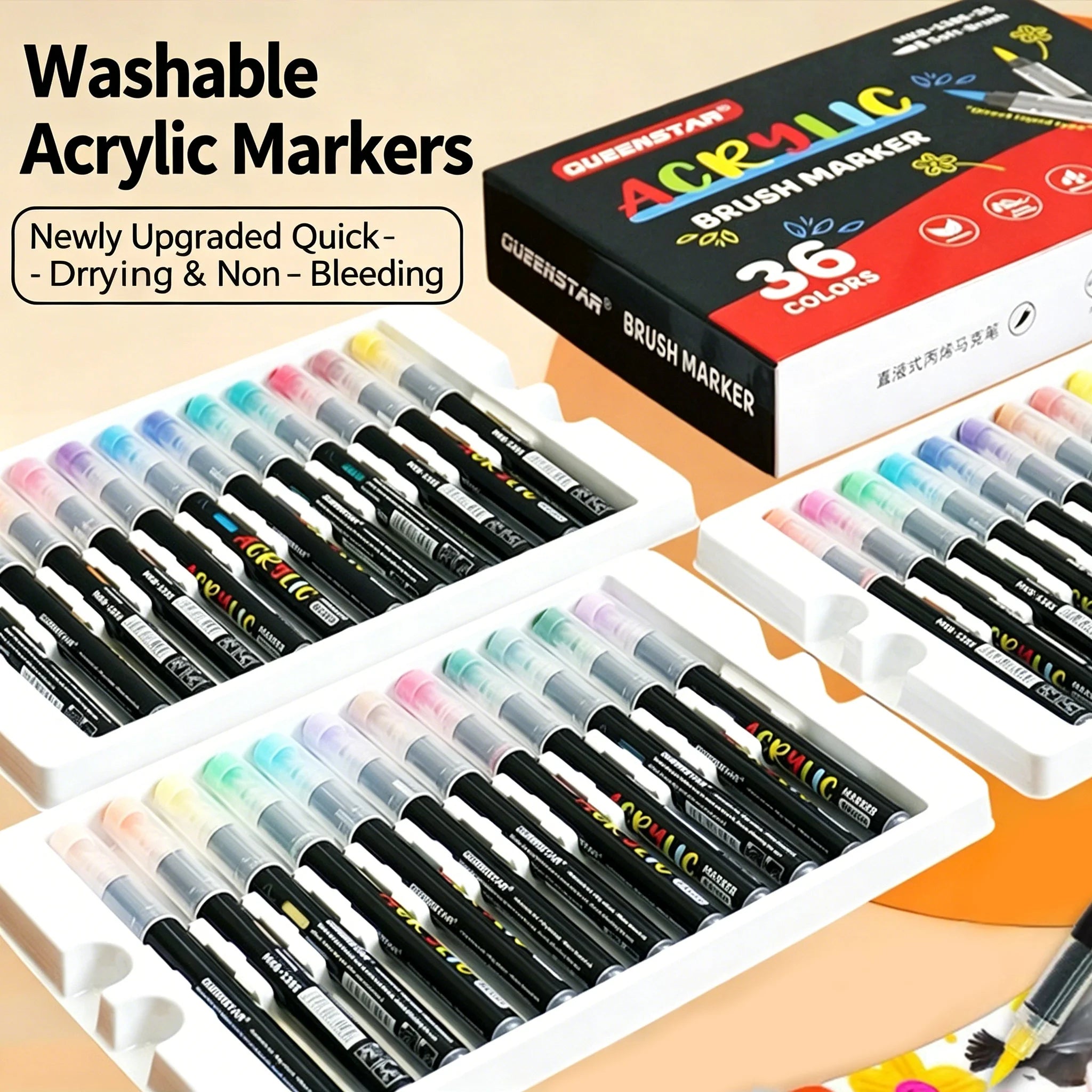 12/24/36/48 Colors Brush Tip Acrylic Paint Markers Non-toxic Quick Dry Art Pen for Fabric Wood Canvas Glass Rock DIY Craft Qme