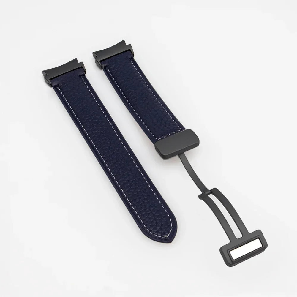 No Gaps Leather Band for Samsung Galaxy Watch 6 5 4 40mm 44mm 4/6Classic 46mm 42 43 47mm 5 Pro 45mm Magnetic Buckle Watch Strap Qme midnigth blue-b Watch 6 Classic 43mm
