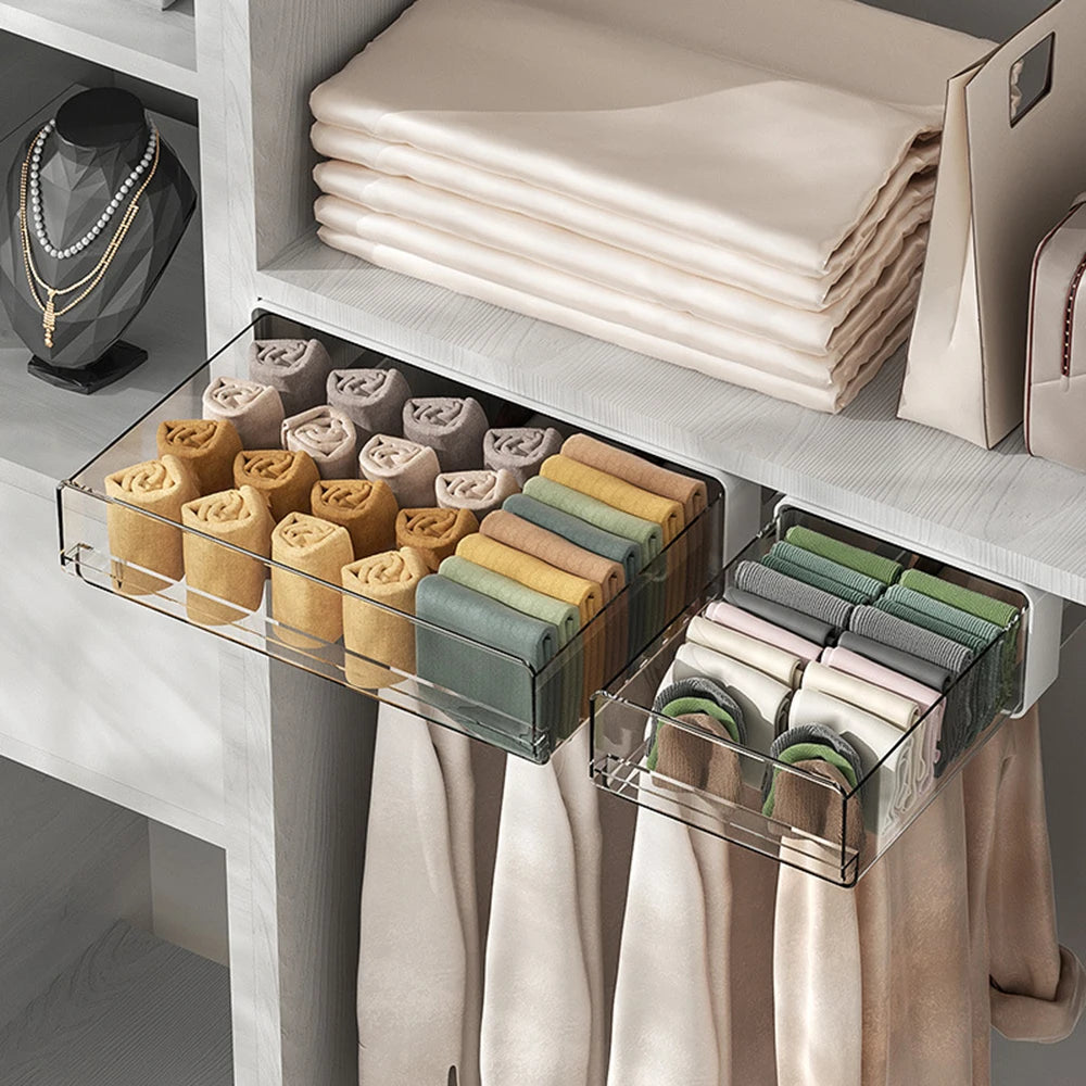 Drawer Storage Box Under Table Hidden Self-Adhesive Drawer Type Organizer Cabinet Office Desk Cosmetics Stationery Storage Rack Qme