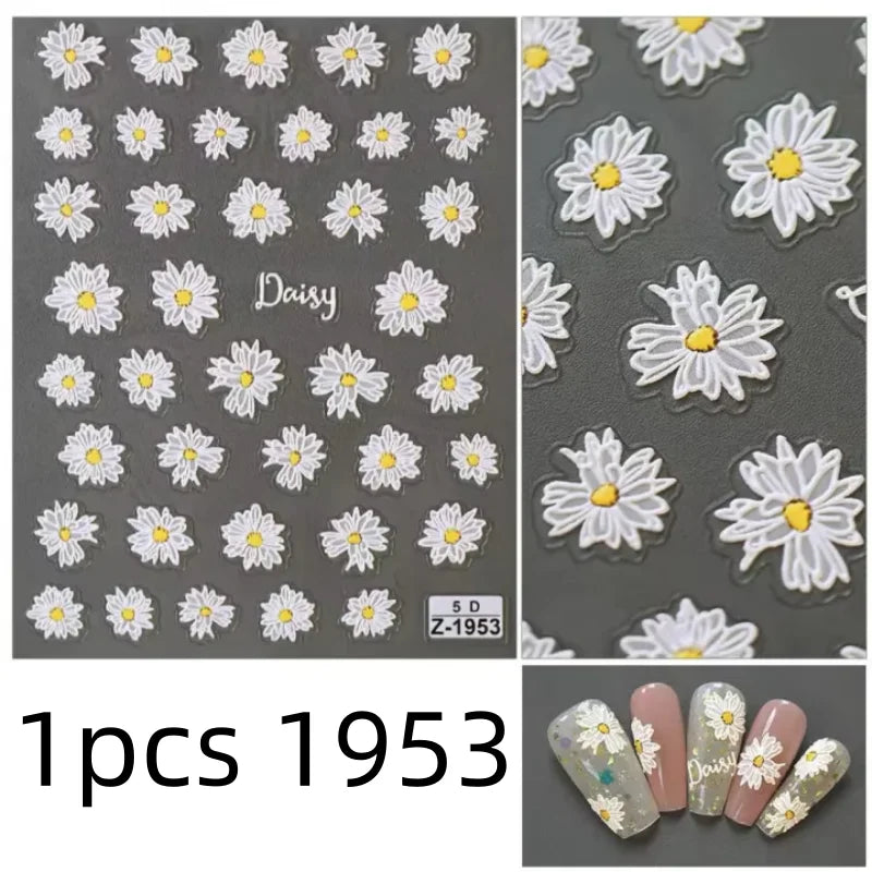 5D Flower Daisy Embossed Stickers Nail Sliders Decals White Florals